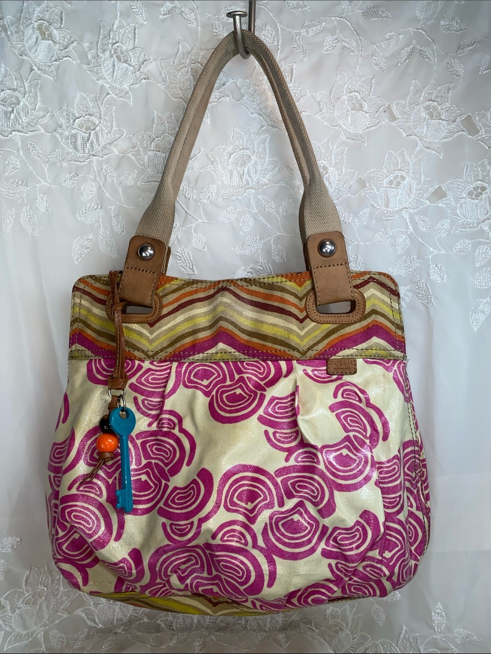 FOSSIL KEYPER SHOPPER PINK MULTI COLOR COATED CANVAS TOTE,BAG,PURSE